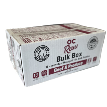 OC Raw Dog Beef & Produce Frozen Raw Food - 18 lb Bulk Box or 1 lb Patties