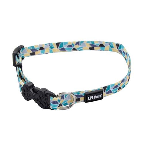 Li'l Pals Adjustable Patterned Dog Collar, Teal Yellow Grey Stained Glass, 3/8-in x 6-8-in