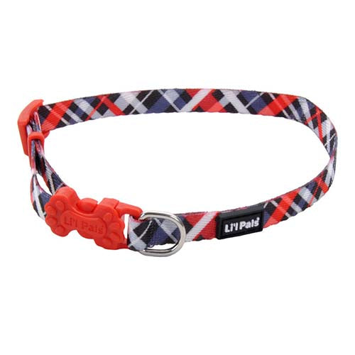Li'l Pals Adjustable Dog Collar - Red & Grey Plaid - 3/8 in x 8-12 in