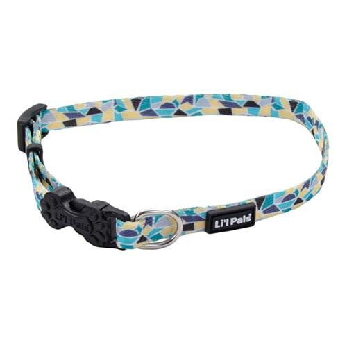 Li'l Pals Adjustable Patterned Dog Collar, Teal Yellow Grey Stained Glass, 3/8-in x 8-12-in