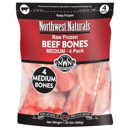 Northwest Naturals Frozen Raw Beef Bones for Dogs, Medium, 3-5 inch, 4-Pack