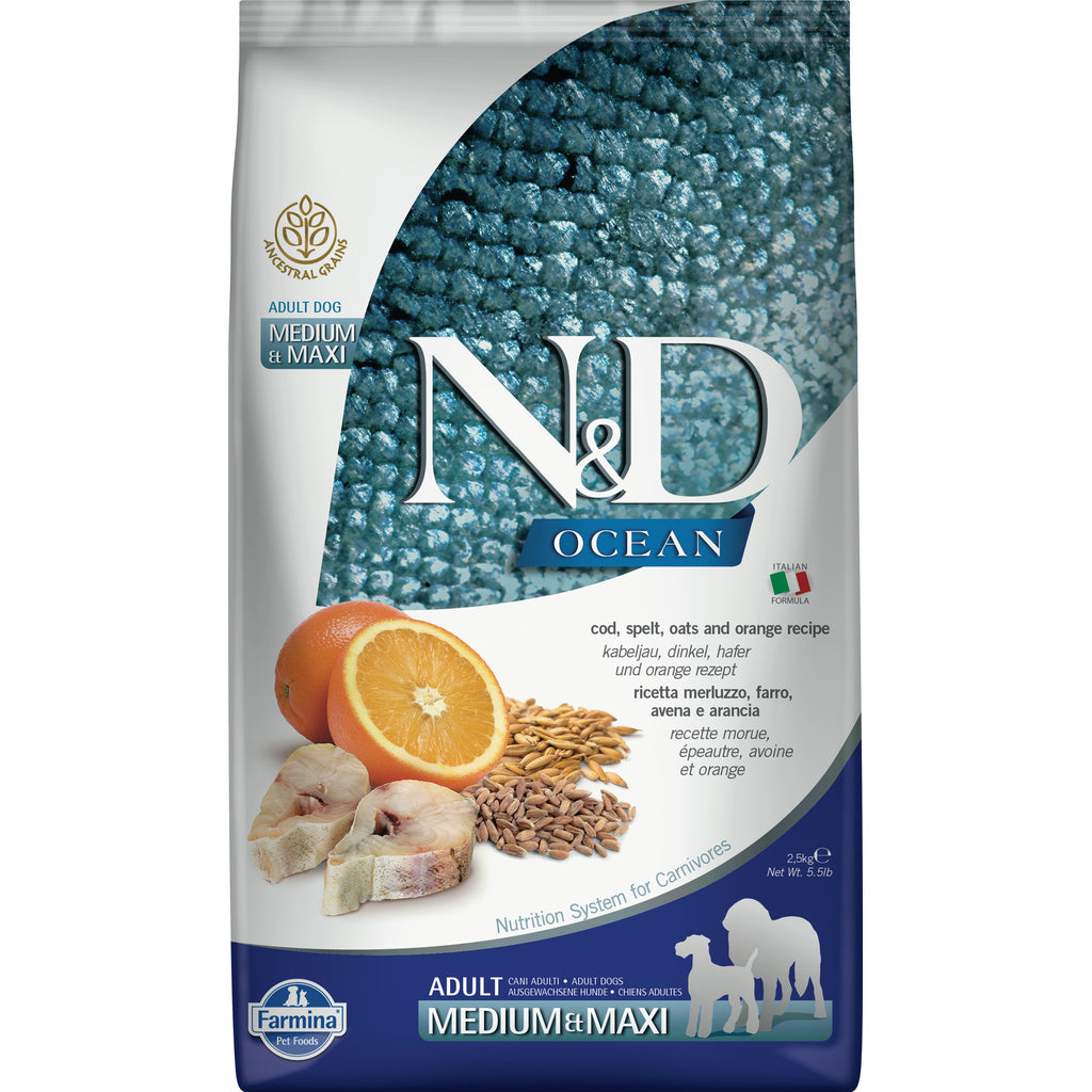 Farmina N&D Ocean Ancestral Low Grain Codfish & Orange Adult Medium/Maxi Dog Food - 2.5kg / 5.5lb