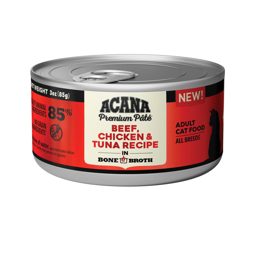 ACANA Premium Pate Wet Cat Food - Beef, Chicken & Tuna in Bone Broth, 3 oz