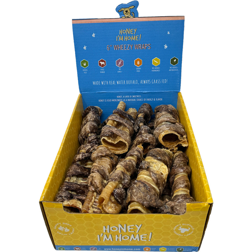 Honey I'm Home Wheezy Wraps 6" - Dog Treats, Lung Wrapped Trachea Tubes, All-Natural Single Ingredient Chew