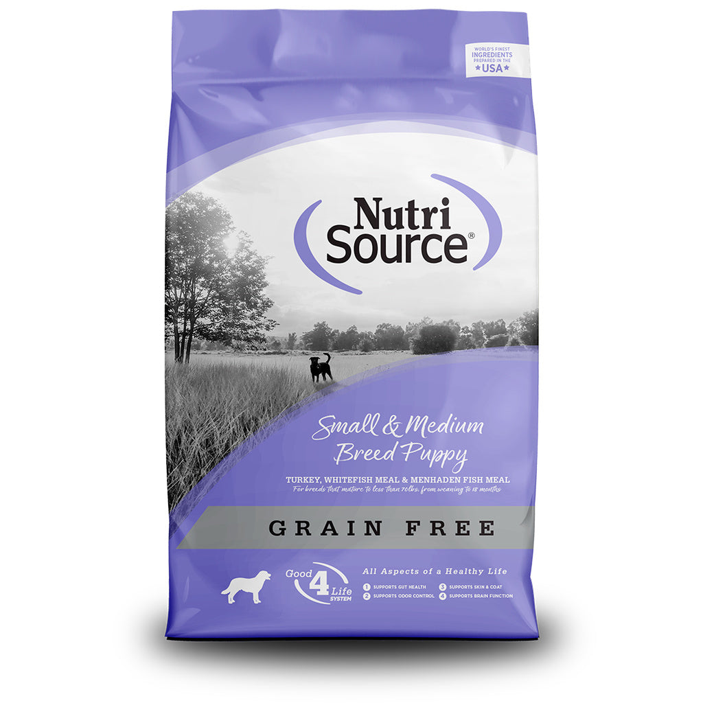 NutriSource Grain Free Small/Medium Breed Puppy Food - 12 lb or 15 lb Bag (Turkey & Whitefish Recipe)