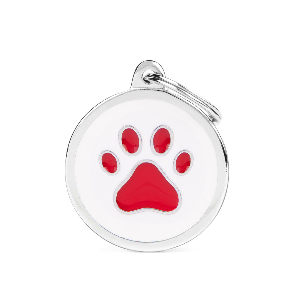 MyFamily Big White Circle Pet ID Tag with Red Paw Print - Large Breed Dog Cat Charm