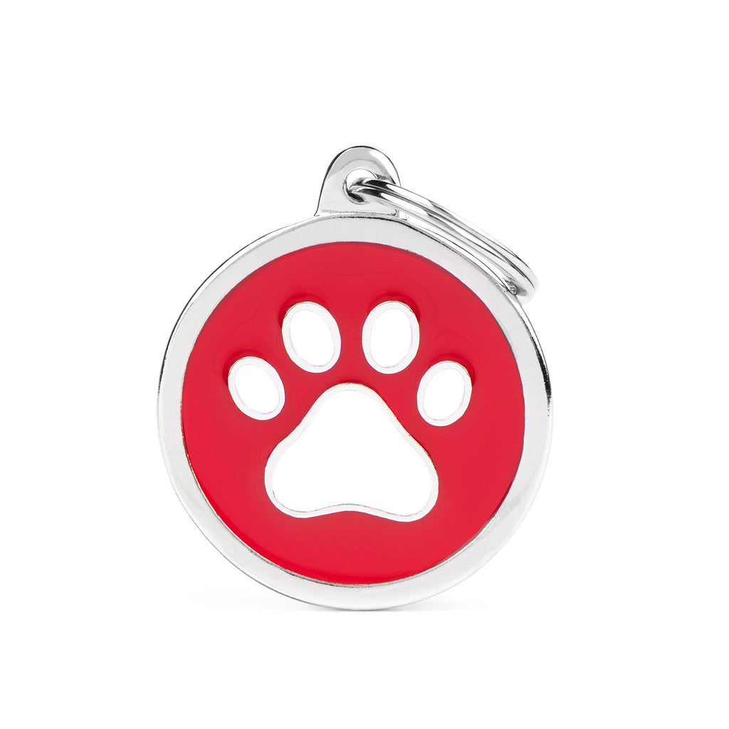 MyFamily Big Red Circle Pet ID Tag with White Paw Print - Personalized Engravable Dog Cat Tag
