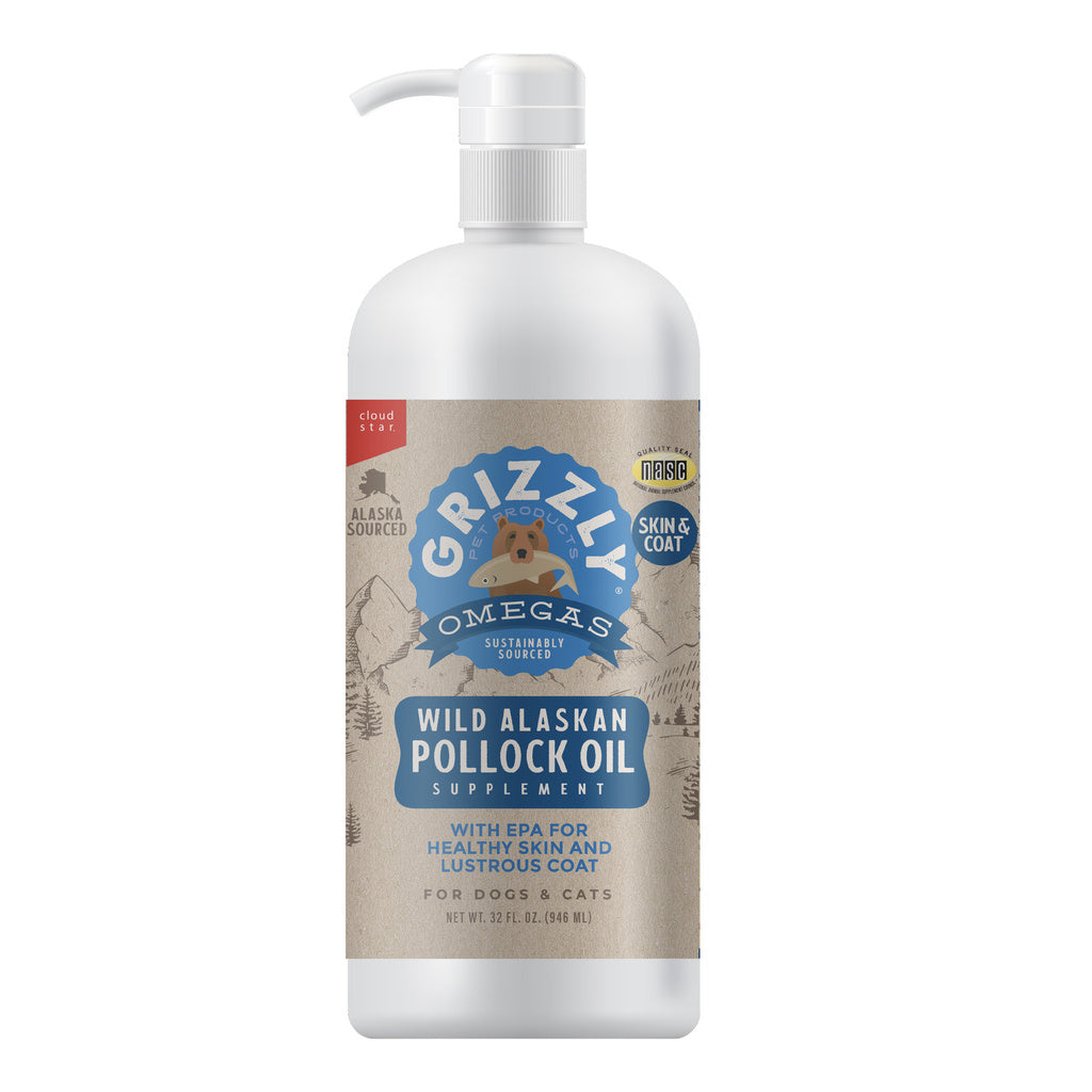 Grizzly Pollock Oil 32oz - Wild Alaskan Omega-3 Supplement for Dogs & Cats