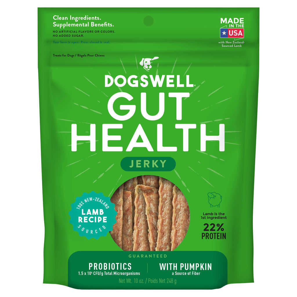 Dogswell Gut Health Jerky Dog Treats, Lamb, 10 oz Bag, Grain Free