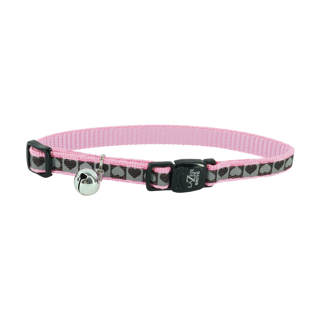Coastal Lazer Brite Safety Cat Collar 3/8" 8-12" Pink Heart Breakaway Reflective