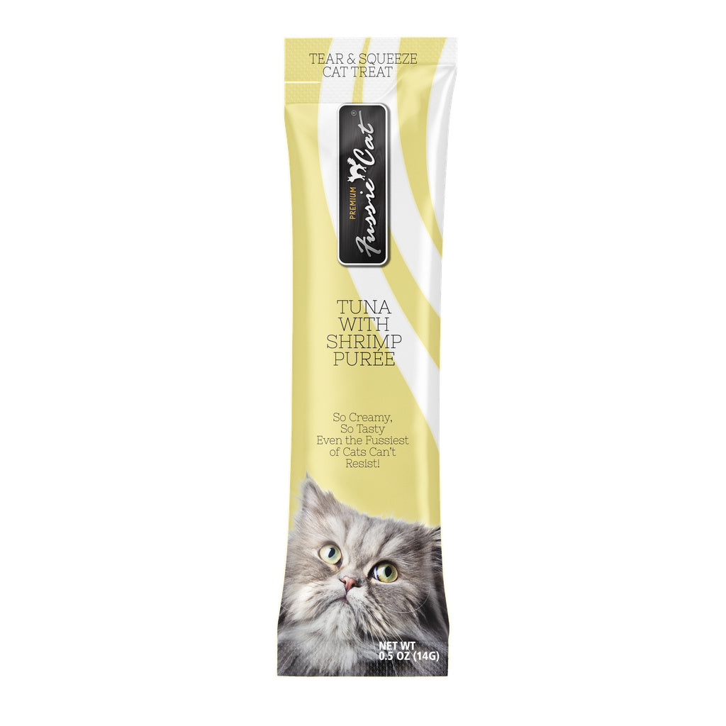 Fussie Cat Tuna & Shrimp Puree Cat Treats - 4 x 0.5oz Pouches (Lickable, Grain-Free)