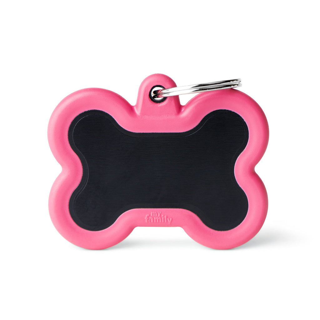 MyFamily Hushtag Black Bone ID Tag, Pink Rubber Edge, Aluminum, Silent Pet Tag
