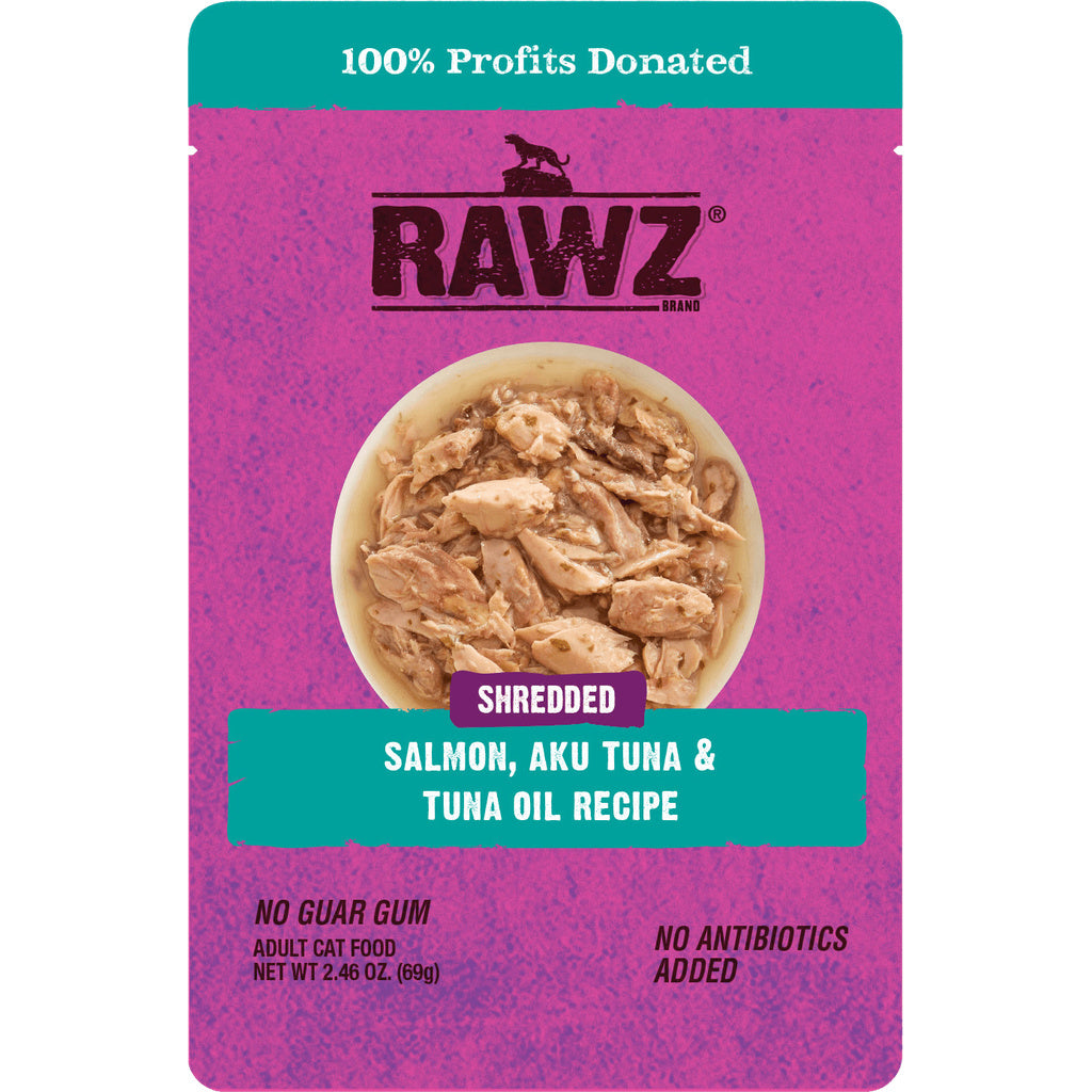 RAWZ Cat Food Pouch, Salmon, Aku Tuna & Tuna Oil, Shredded, Wet Food, 2.46 oz