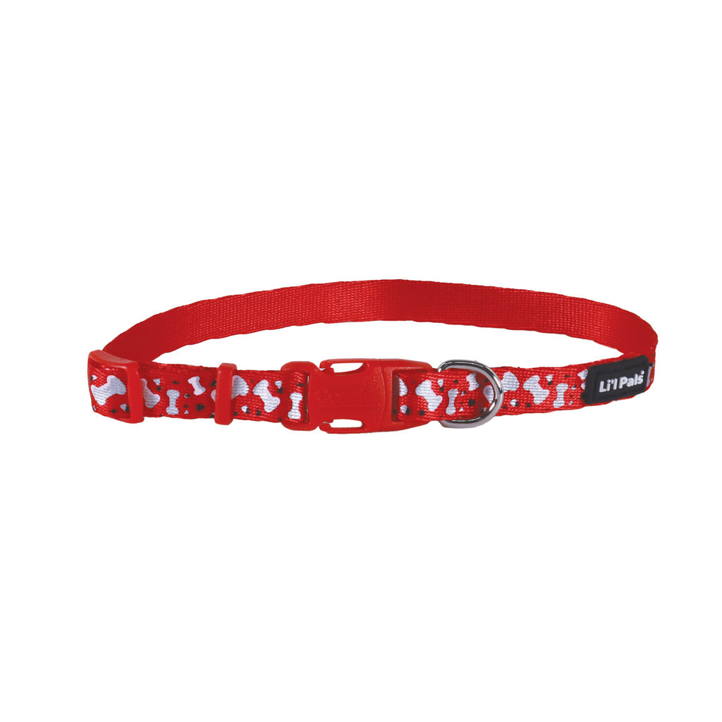 Li'L Pals Reflective Dog Collar - Red with Bones, 6-8" x 3/8" - Small Puppy Collar