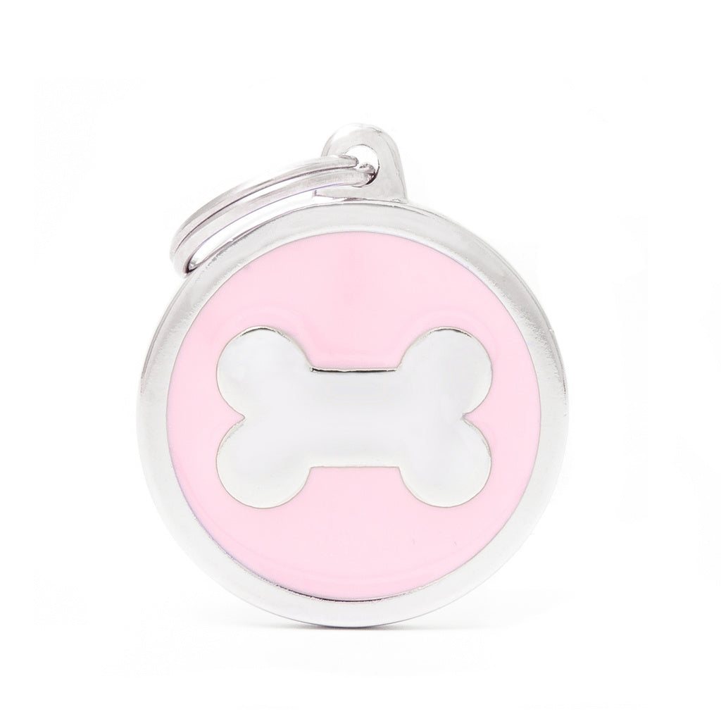 My Family Classic Large Pink Bone Circle Pet ID Tag - Hand Enameled Metal, 32x37mm