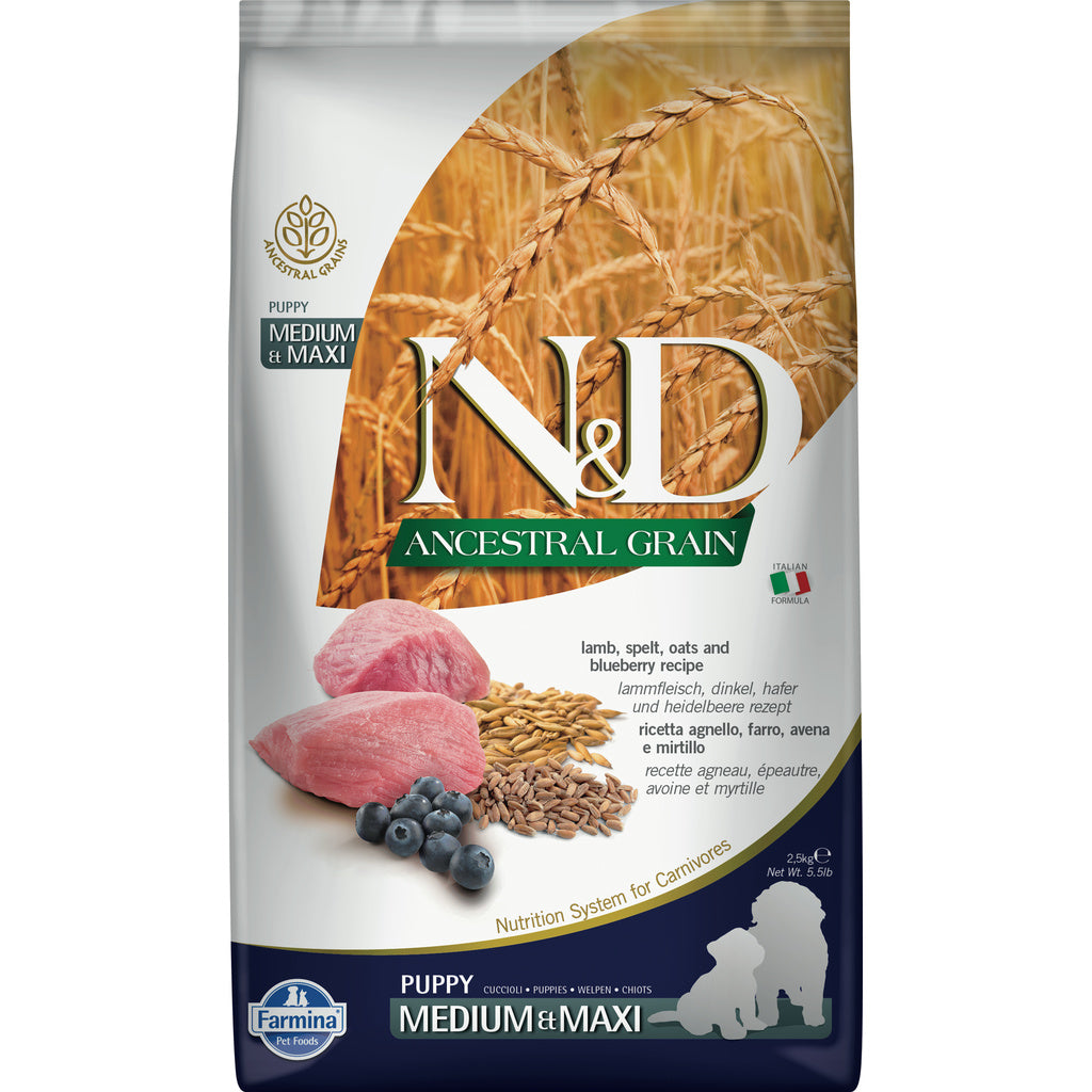 Farmina N&D Ancestral Grain Puppy Lamb & Blueberry, Medium & Maxi Breed, Dry Dog Food, 26.4 lbs