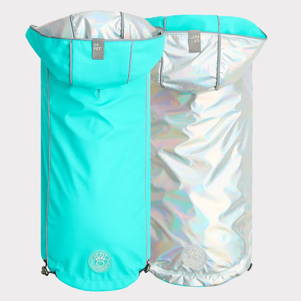 GF PET Reversible Dog Raincoat - Neon Aqua & Iridescent - Small, Waterproof Pet Coat