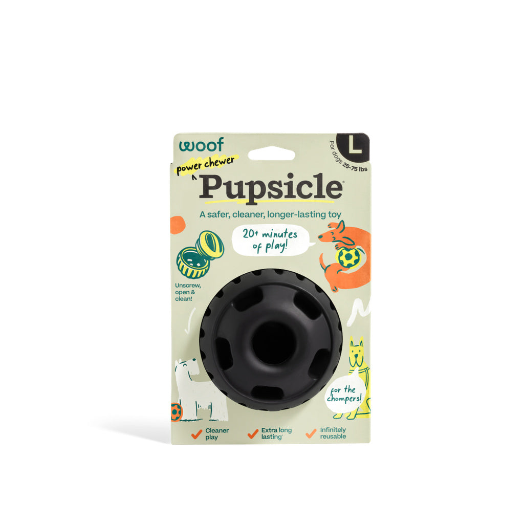 Woof Pupsicle Power Chewer - Large Black - Durable Dog Toy for Aggressive Chewers - Treat Dispenser 25-75 lbs