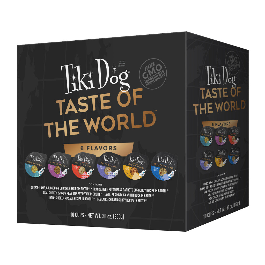 Tiki Dog Taste of The World, Gourmet International Flavors in Broth, Variety Pack, 3 oz Cups, 10 Count