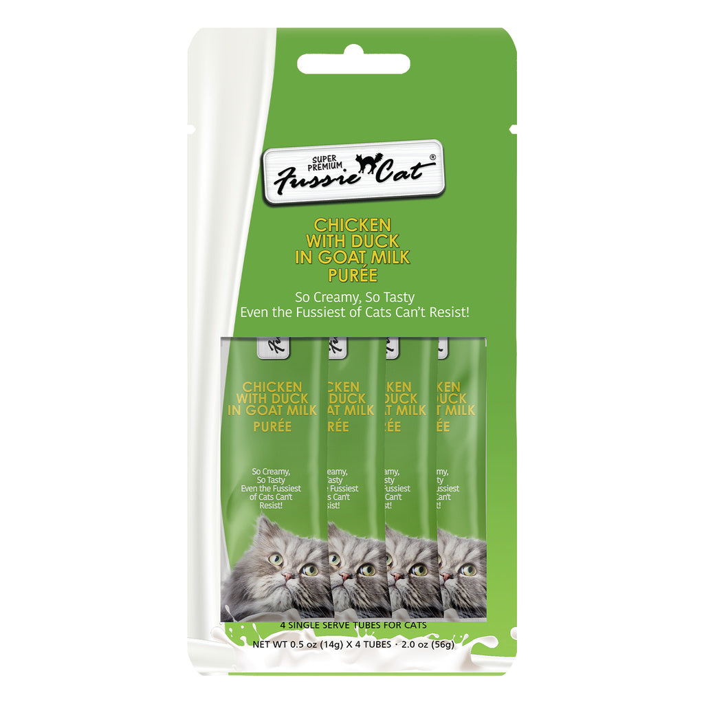Fussie Cat Super Premium Cat Treat - Chicken & Duck in Goat Milk Puree, 4-Pack