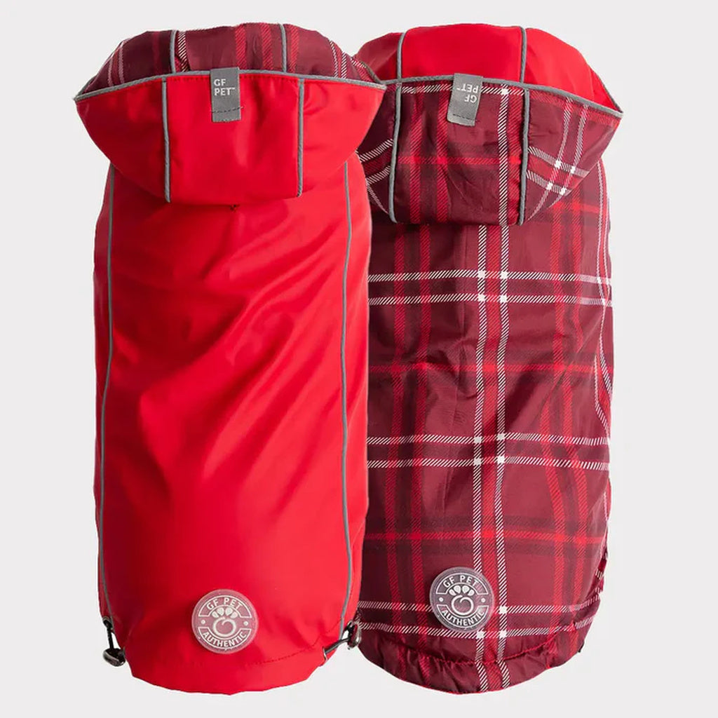 GF Pet Reversible Dog Raincoat - Red Plaid/Solid - 2XL - Elasto-Fit, Waterproof