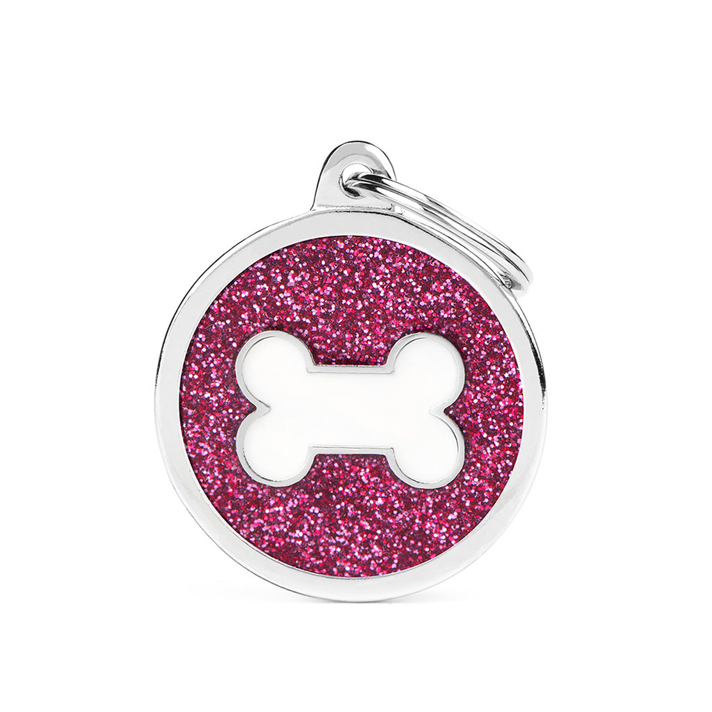 MyFamily Shine Large Circle Pet ID Tag - Pink Glitter with White Bone