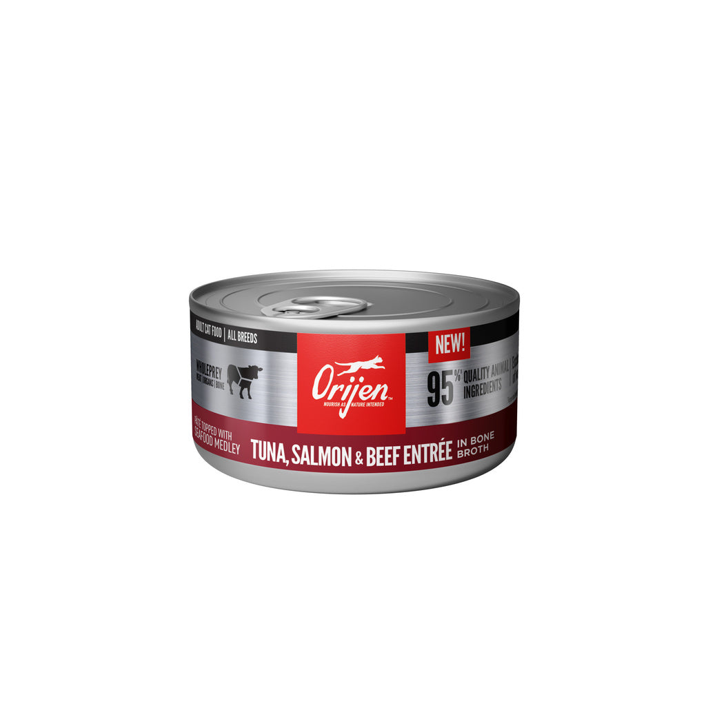 ORIJEN Tuna Salmon & Beef Entrée Wet Cat Food, 3oz Can - Adult Formula, Pate & Shreds in Broth