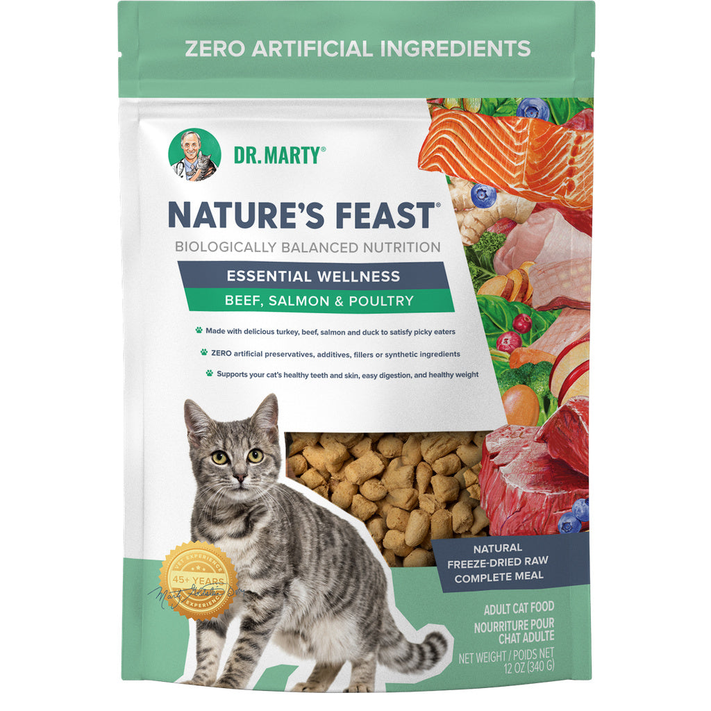 Dr. Marty Nature's Feast Cat Food - Essential Wellness Beef, Salmon & Poultry, Freeze Dried, 12 oz