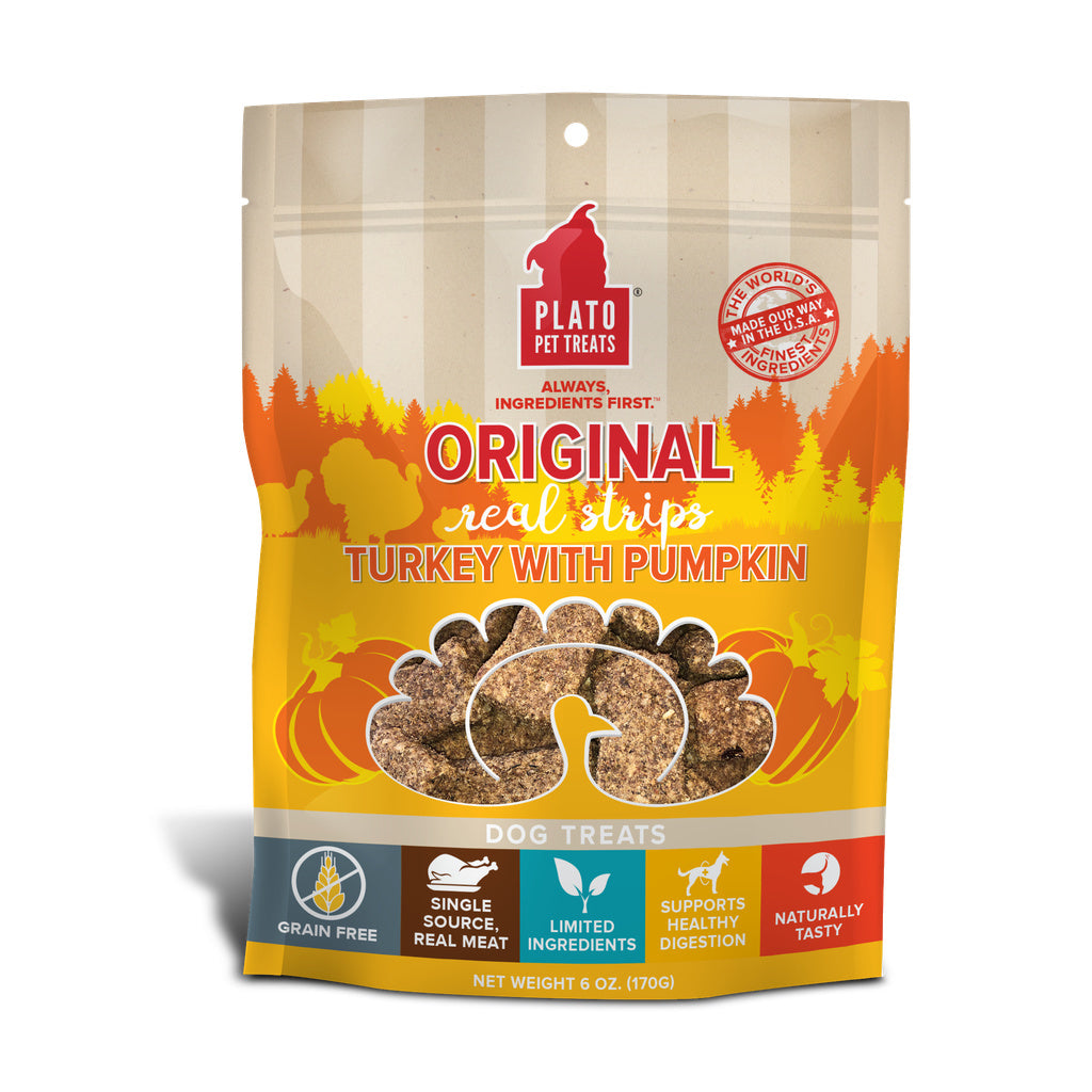 Plato Original Real Strips Dog Treats - Turkey & Pumpkin Recipe, 6 oz - Grain Free, Natural