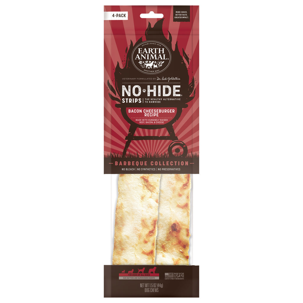 Earth Animal No-Hide Strips Dog Treats BBQ Bacon Cheeseburger Flavor - 4 Pack Rawhide-Free Chews