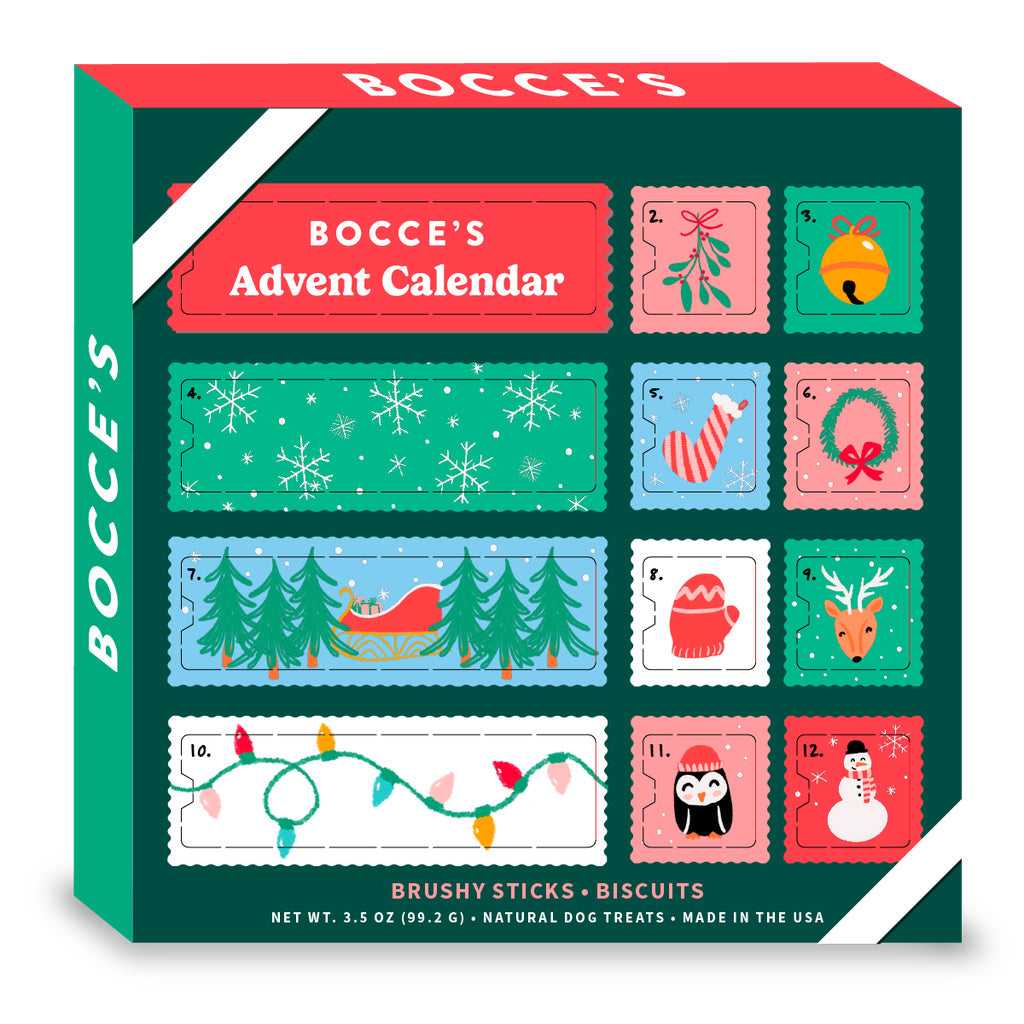 Bocce's Bakery Dog Treats Advent Calendar 2024 - 3.5 oz - Brushy Sticks & Biscuits - Natural Holiday Pet Gift