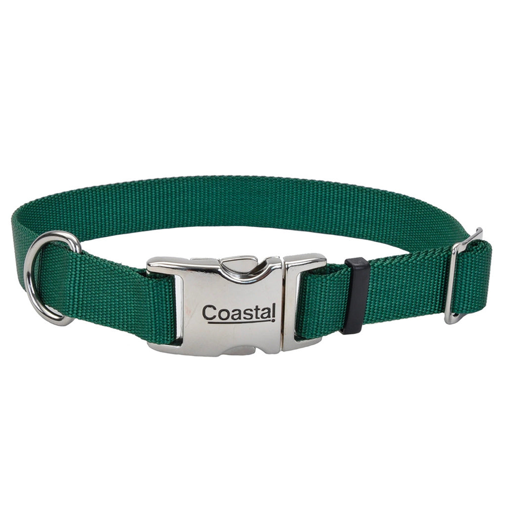 Coastal Pet Adjustable Nylon Dog Collar, Metal Buckle, Large, Hunter Green, 1" Wide, 18-26"