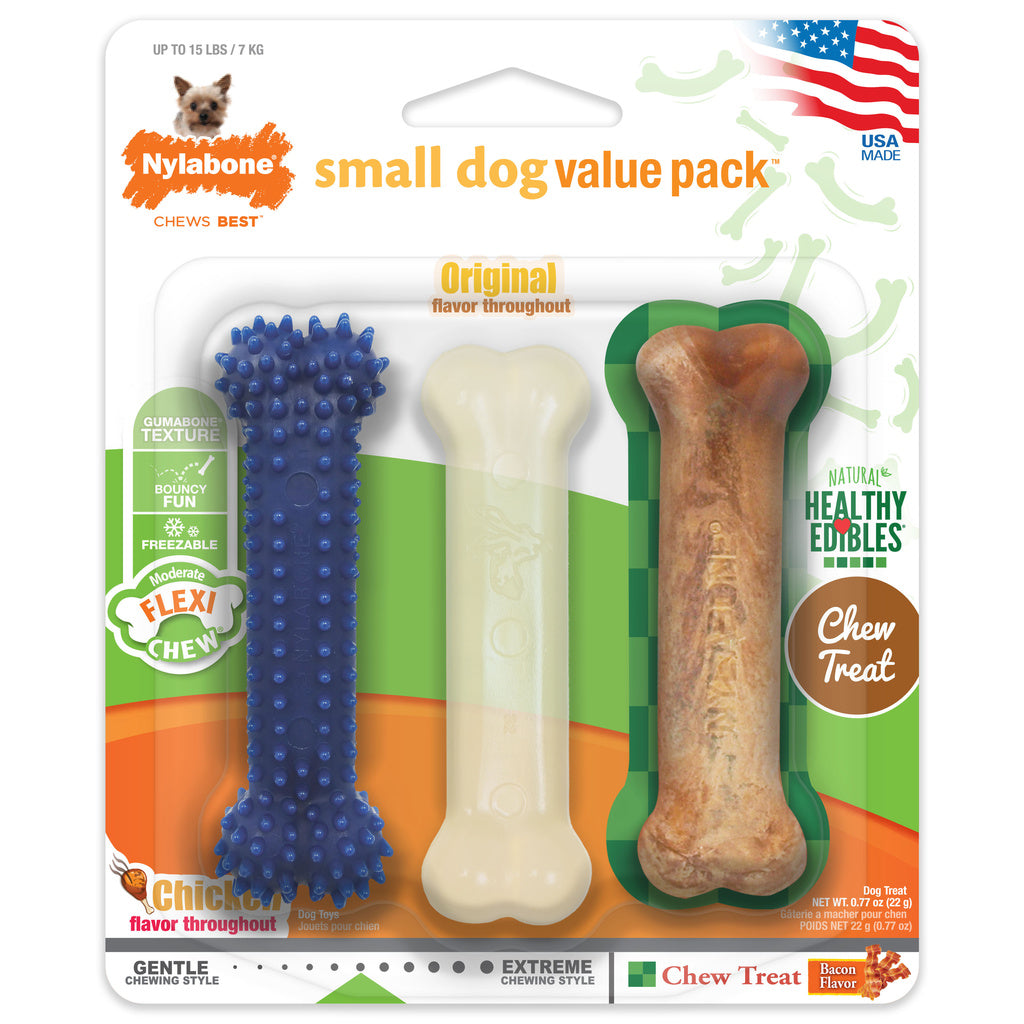 Nylabone Small Dog Value Pack - 3 Chews: Dental, Edible Bacon, Flexi Original