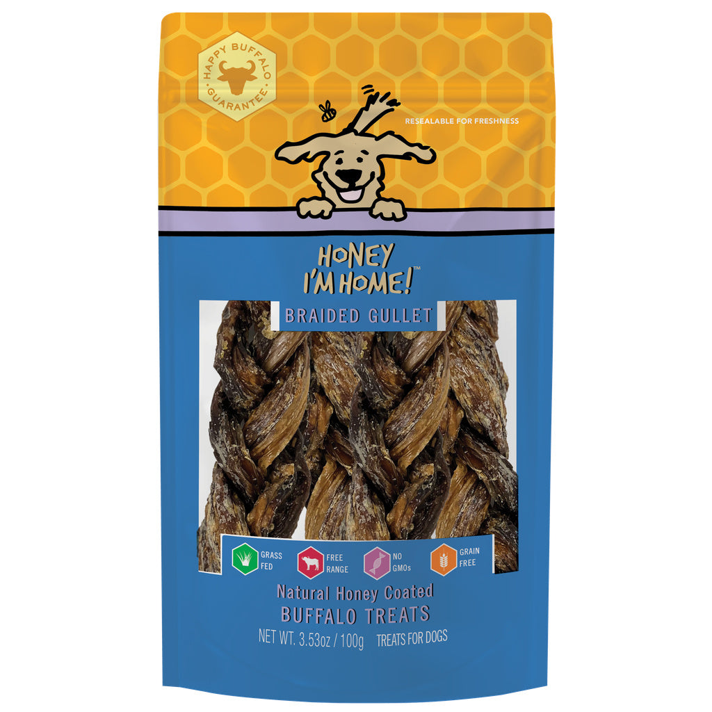 Honey I'm Home Dog Treats - Natural Honey Coated Braided Buffalo Gullet - 3.53oz