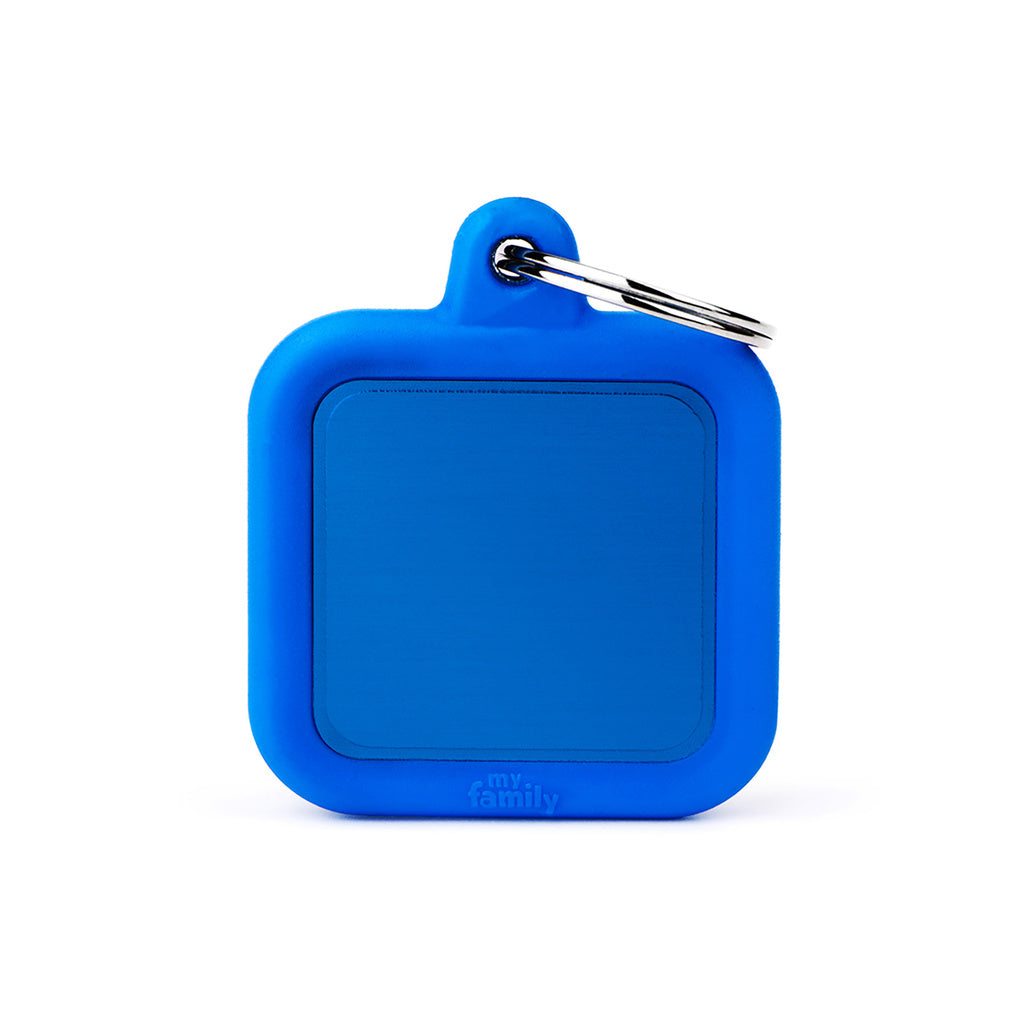 MyFamily Hushtag Blue Square Pet ID Tag - Aluminum & Rubber, Silent