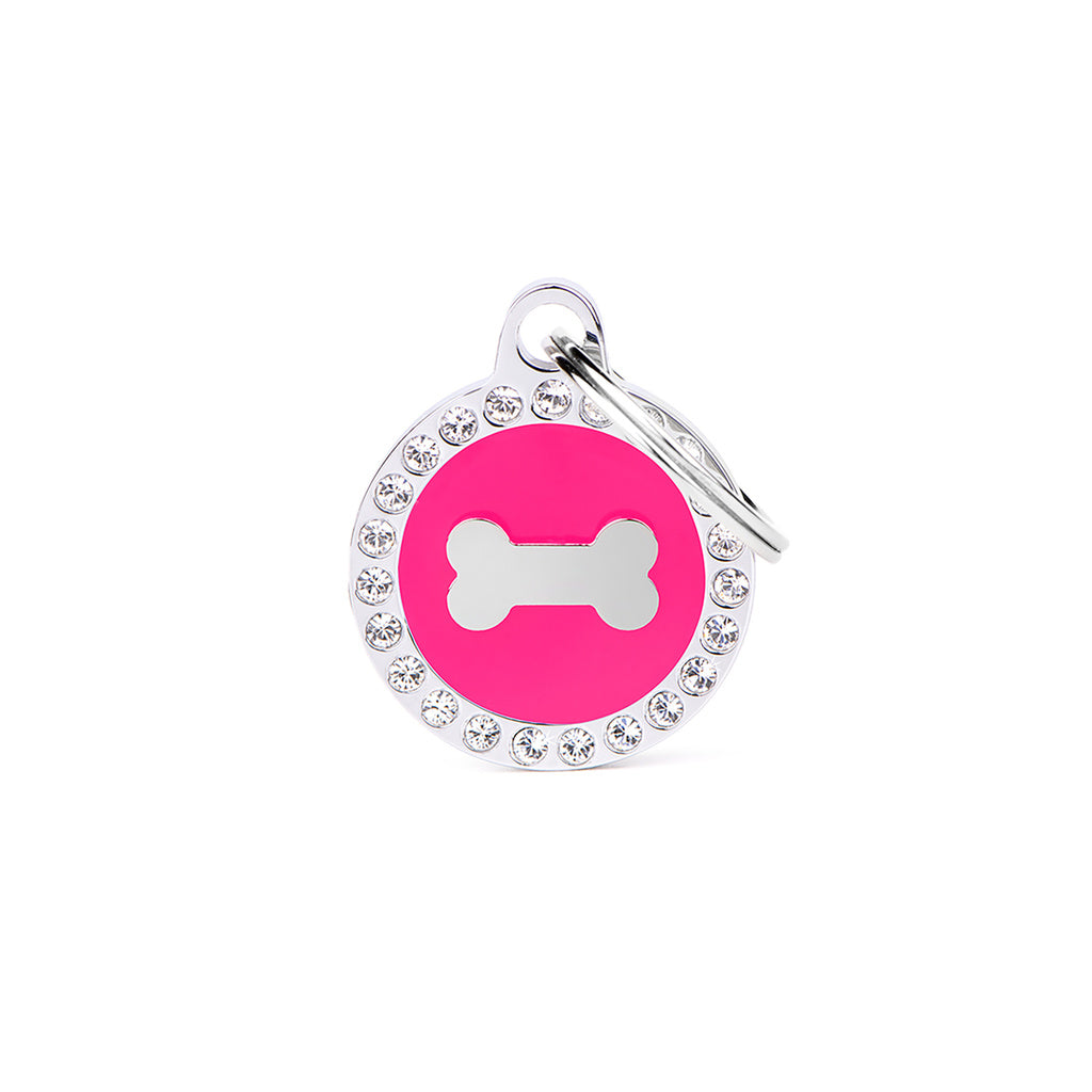 MyFamily Glam Circle Bone Pet ID Tag, Pink, Regular, Rhinestone