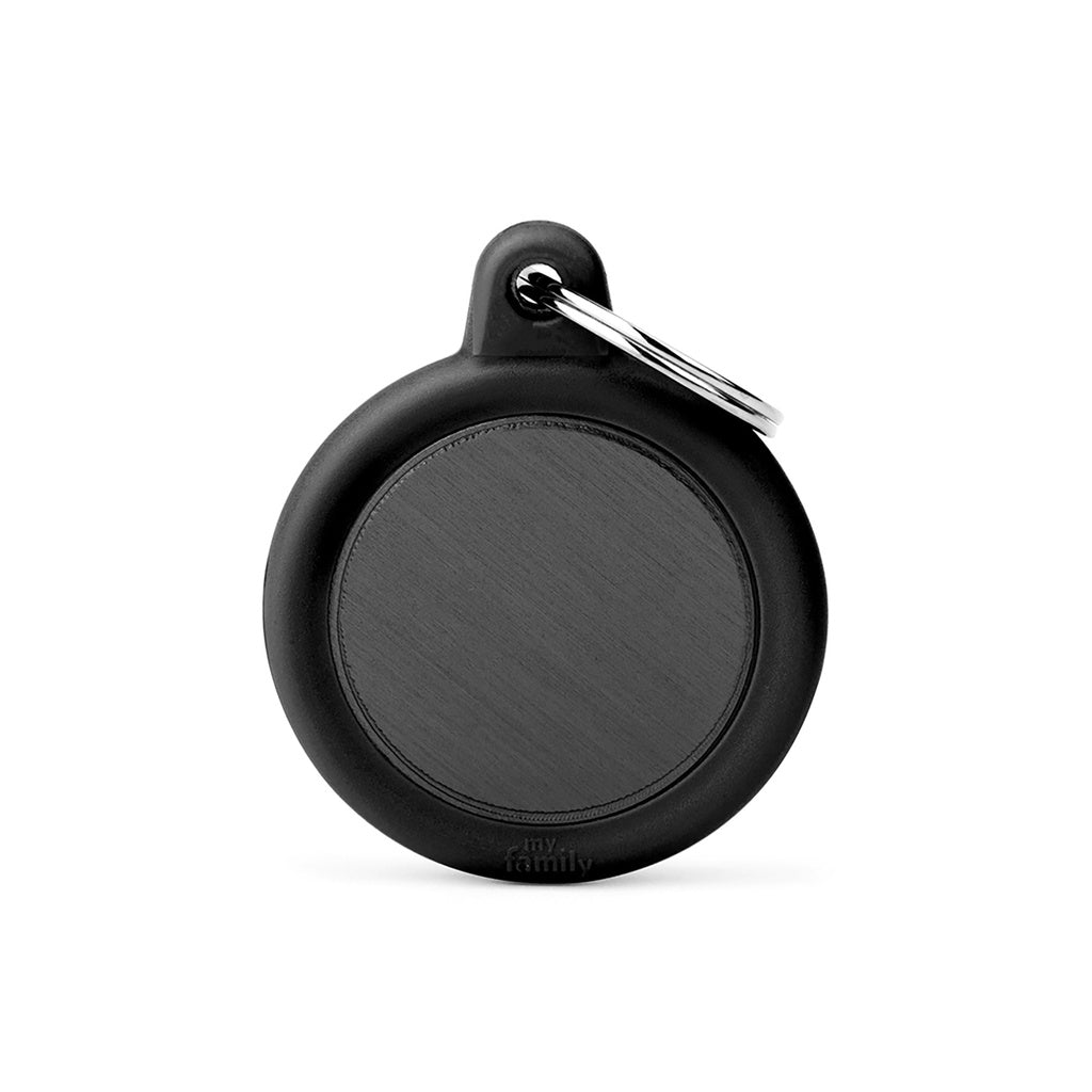 MyFamily Hushtag Black Circle Pet ID Tag - Aluminum & Rubber, Silent