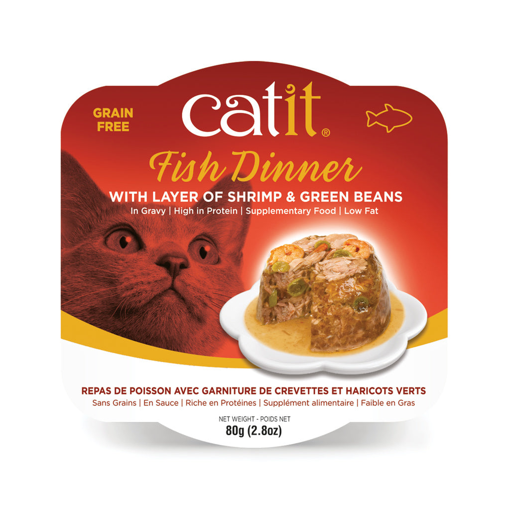 Catit Fish Dinner Wet Cat Food, Tuna, Shrimp & Green Beans, 2.8 oz (80g) Pouch
