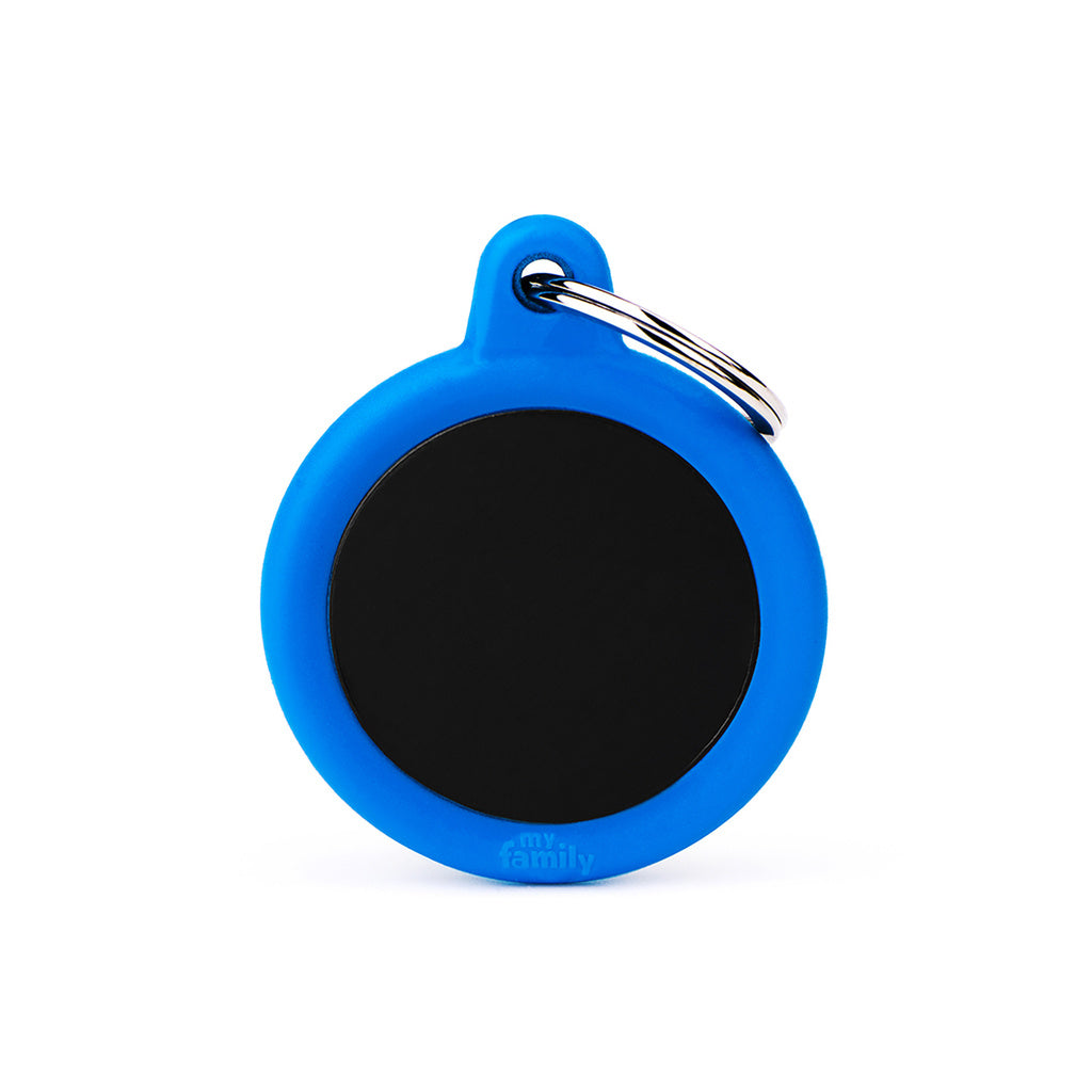 MyFamily Hushtag Circle Pet ID Tag - Black Aluminum with Blue Rubber Silencer
