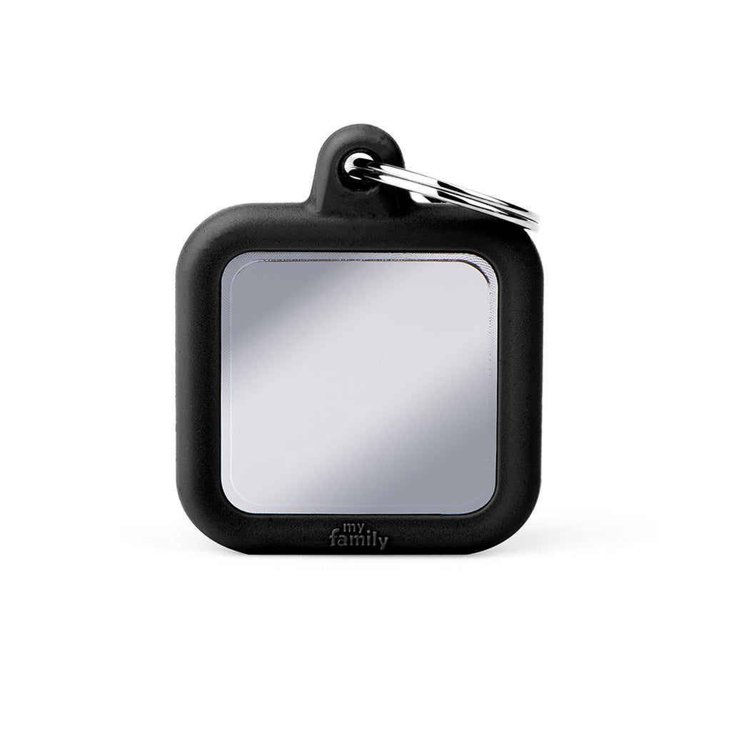 MyFamily Hushtag Chrome-Plated Brass Square Pet ID Tag with Black Rubber - Silent & Durable