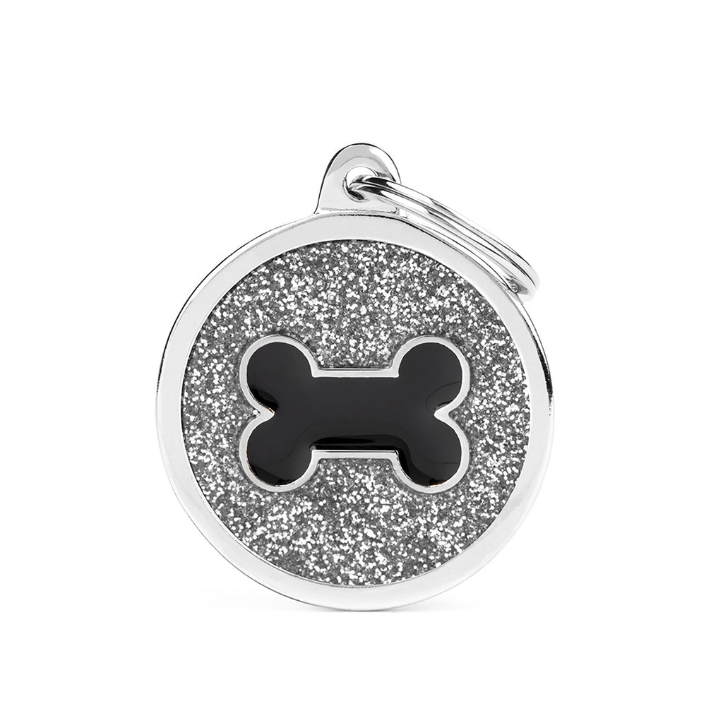MyFamily Shine Large Circle Pet ID Tag - Silver Glitter with Black Bone