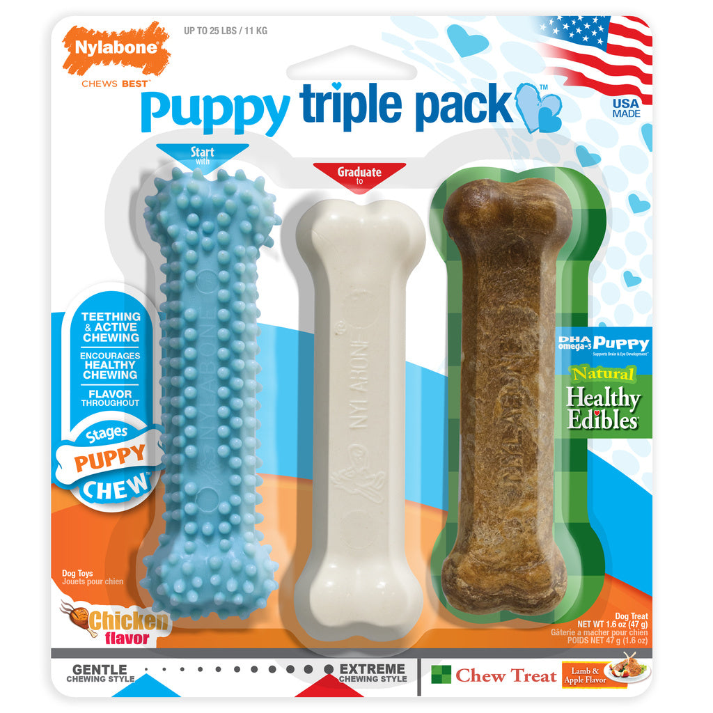 Nylabone Puppy Chew Toy & Treat Starter Pack - 3 Count - For Puppies Up To 25lbs