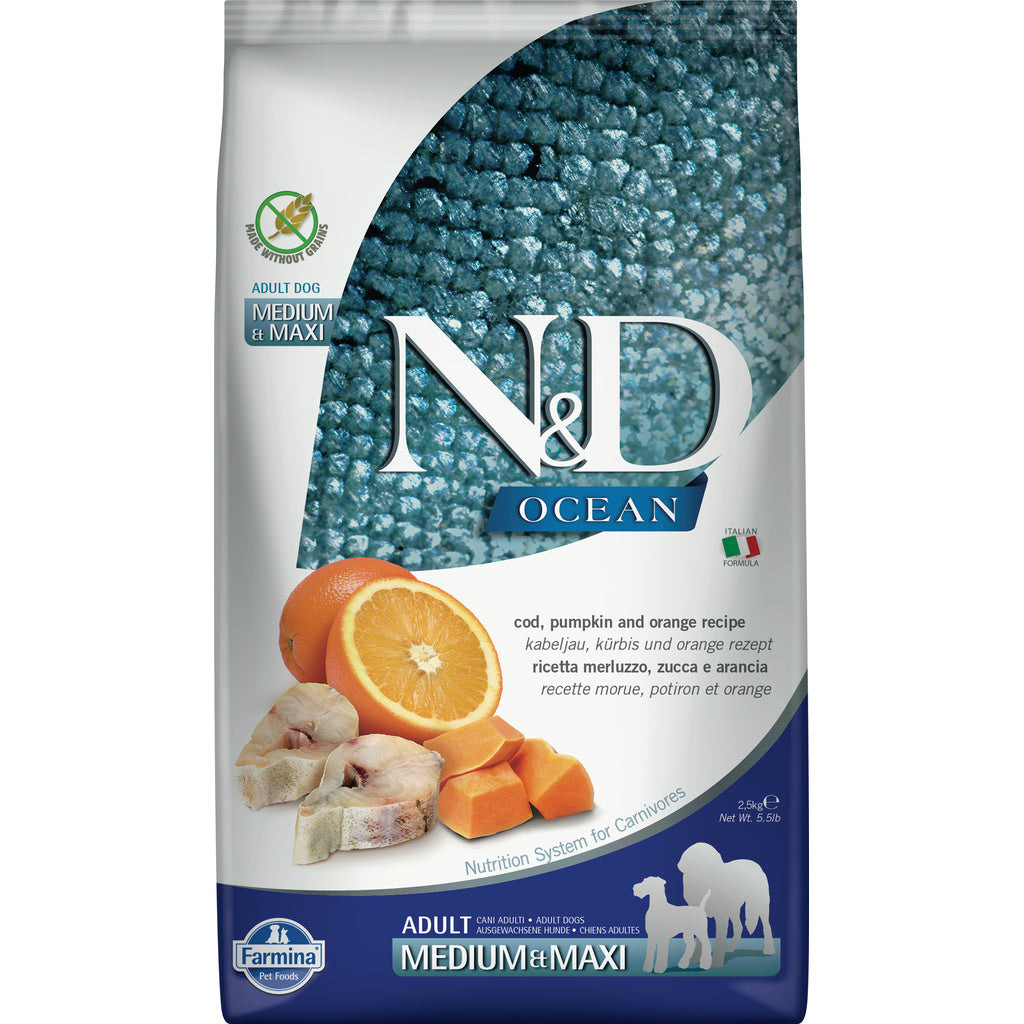 Farmina N&D Ocean Codfish, Pumpkin & Orange Adult Medium/Maxi Breed Dog Food - 26.4 lb / 12kg