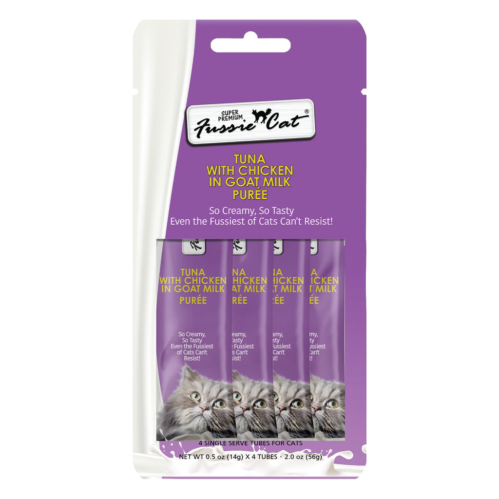 Fussie Cat Tuna & Chicken in Goat Milk Puree Cat Treats - 4pk, 0.5oz Squeeze Tubes