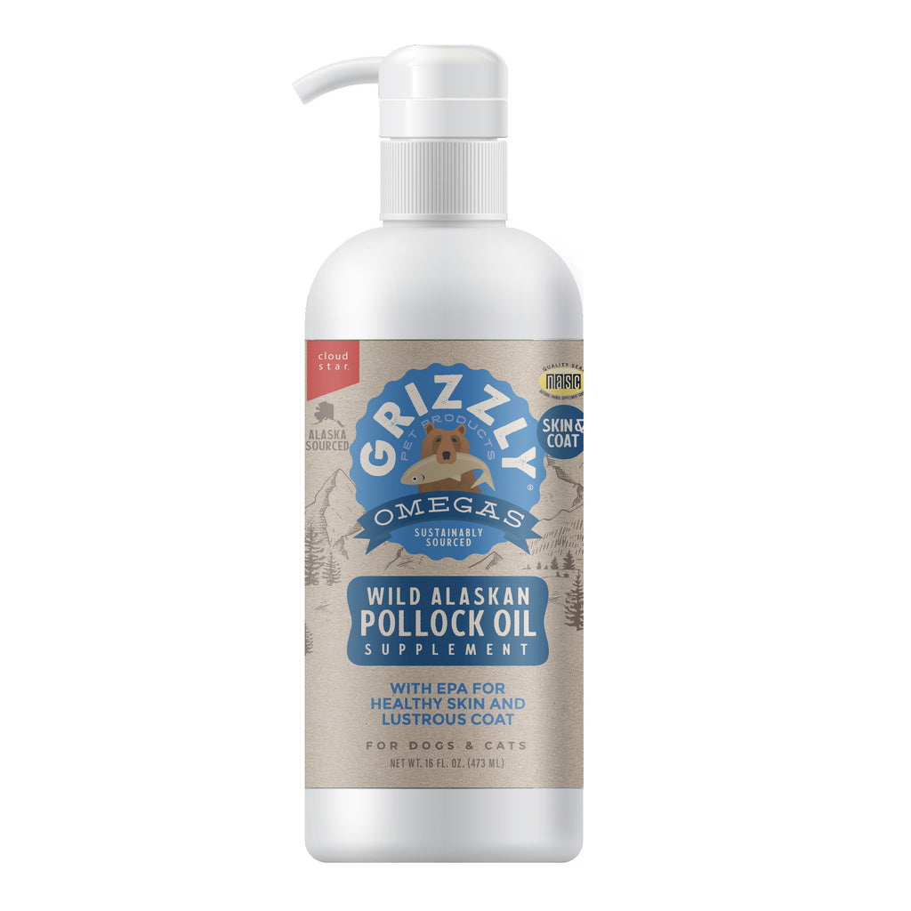 Grizzly Pollock Oil 16oz - Wild Alaskan Omega-3 Supplement for Dogs & Cats - Skin & Coat Health
