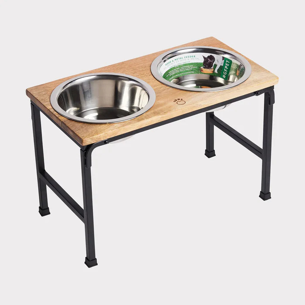 GF Pet Wood & Metal Elevated Dog Feeder - Large Tall - Mango Wood with Stainless Steel Bowls