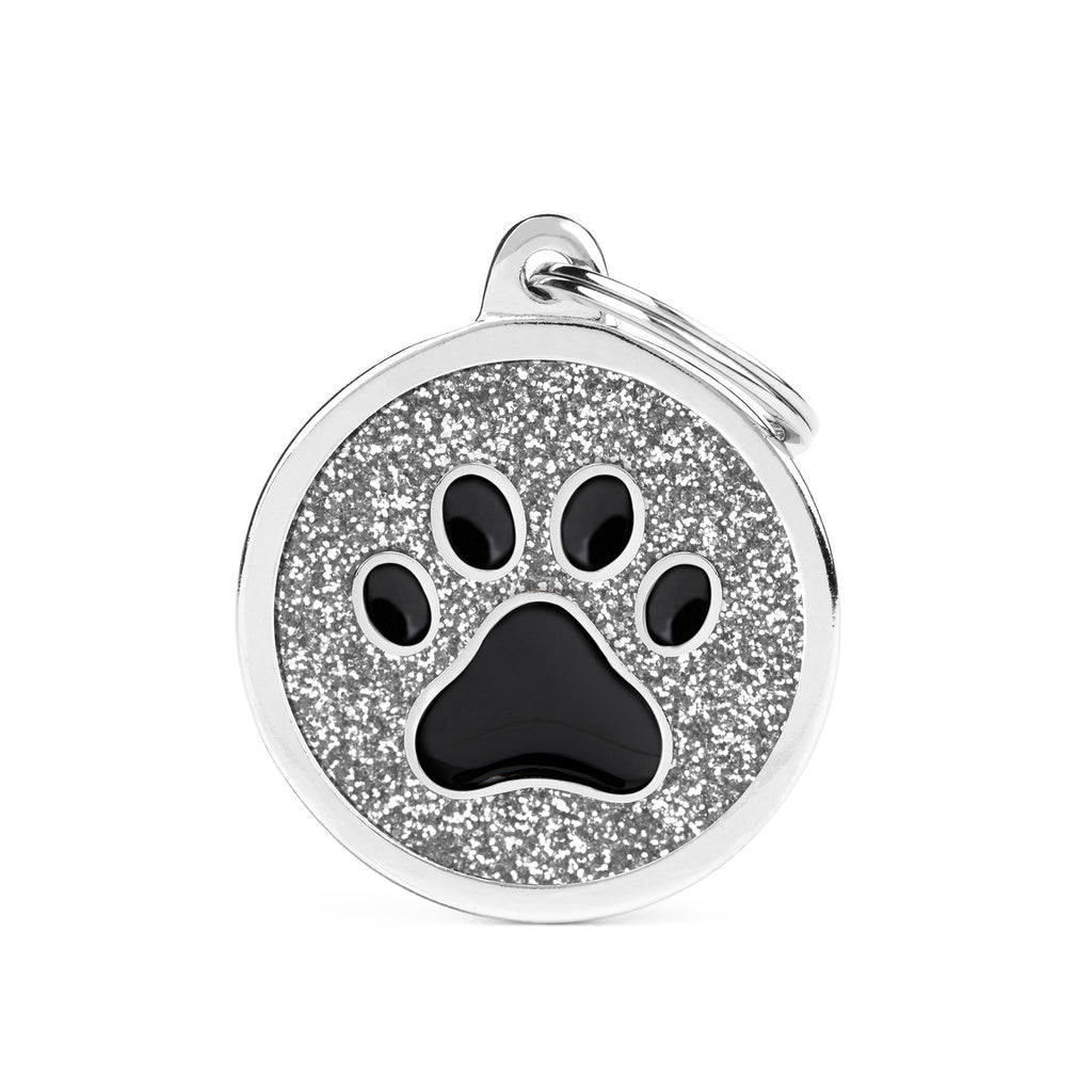 MyFamily Shine Large Circle Pet ID Tag - Grey Glitter, Black Paw