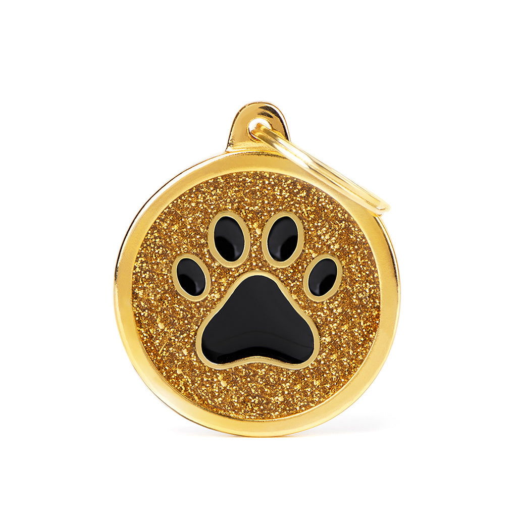 My Family Shine Big Gold Glitter Circle Black Paw Pet ID Tag
