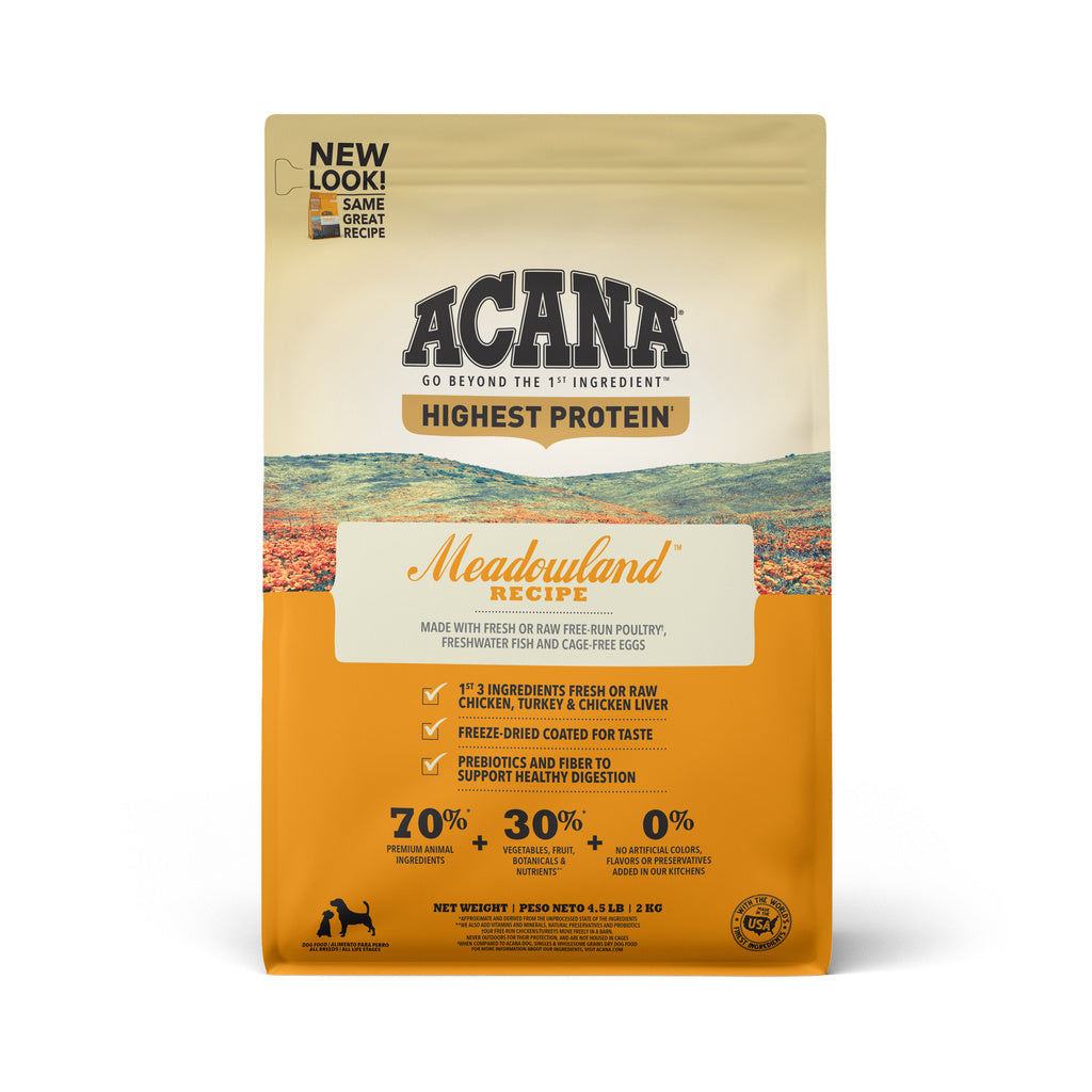 Acana Highest Protein Meadowland Grain-Free Dry Dog Food - Chicken, Turkey, Fish Recipe, 4.5 lb Bag