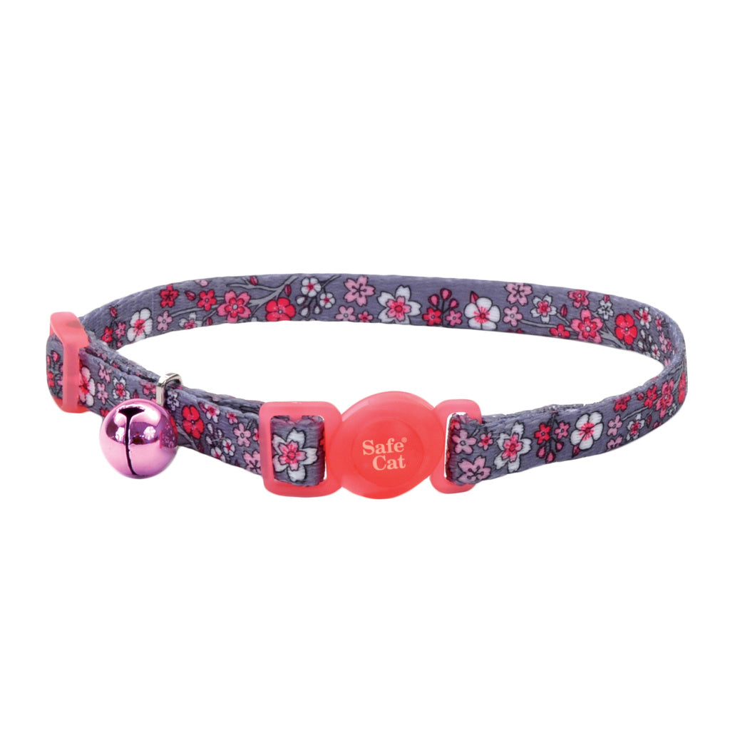 Safe Cat Fashion Adjustable Breakaway Collar, Pink Flower/Gray, 3/8" x 8-12"